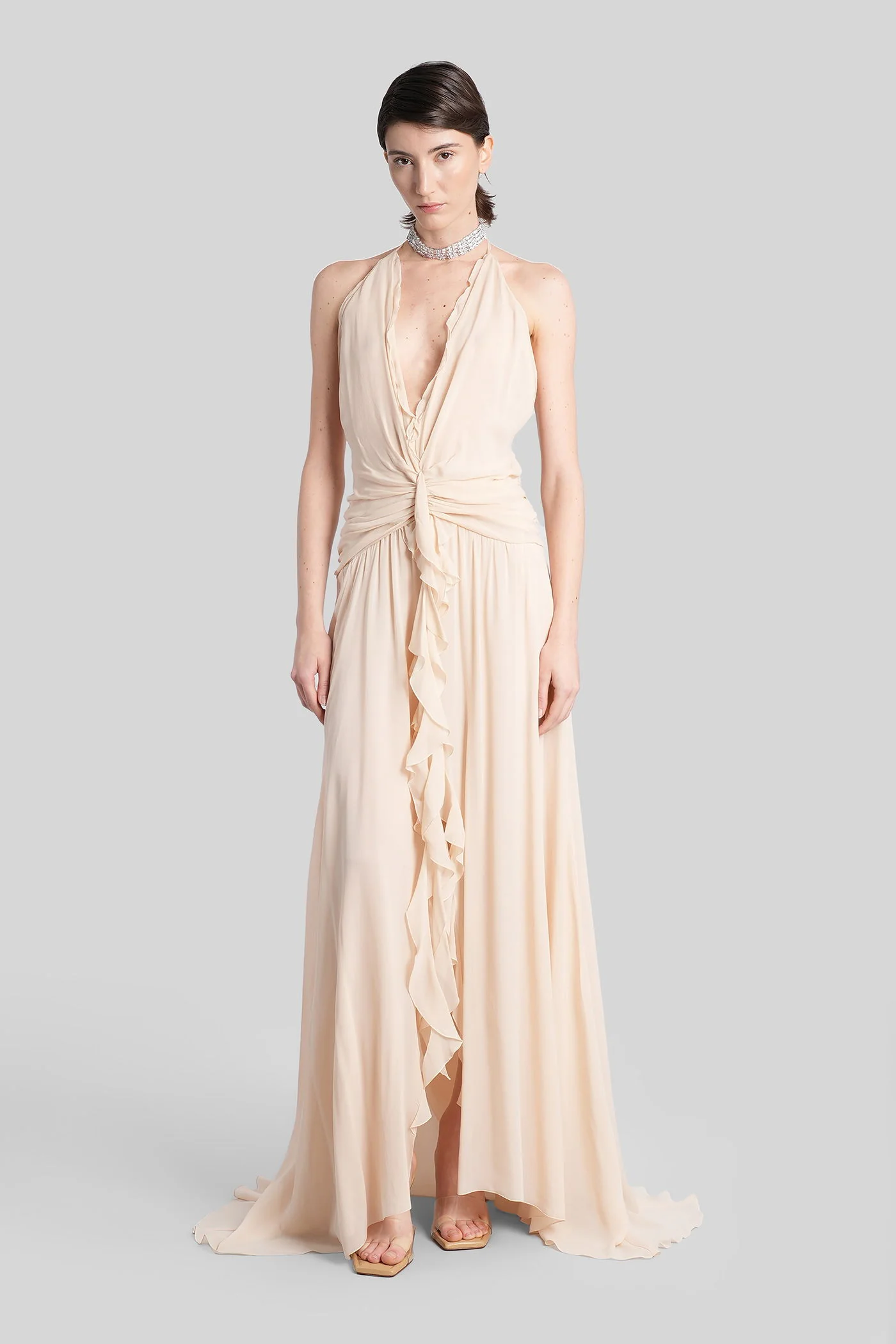 Long dress in beige viscose
