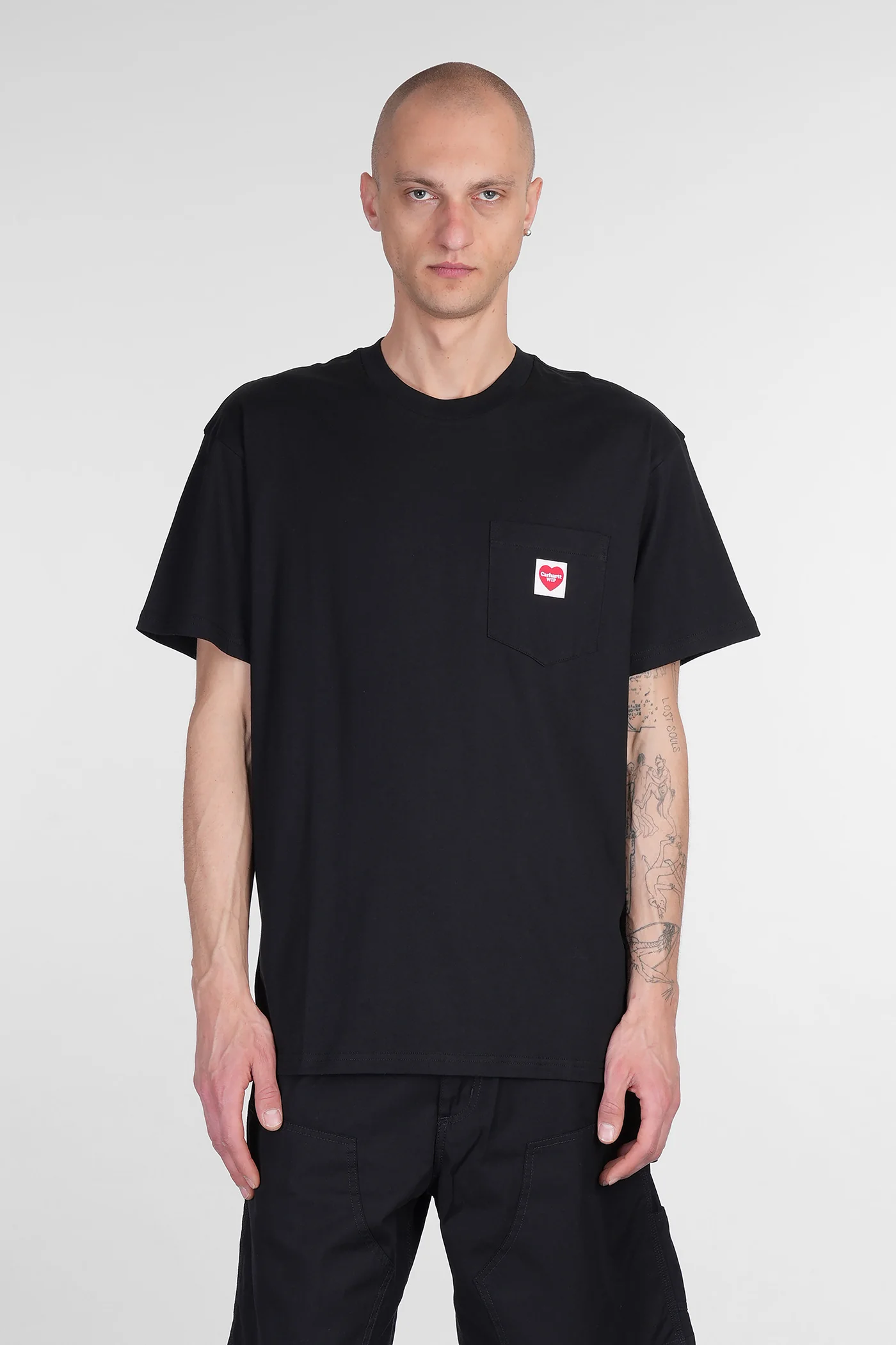 S-S Pocket Heart T-Shirt in black cotton