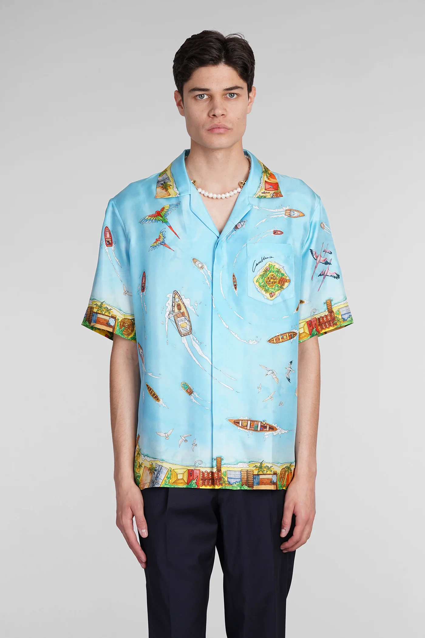 Shirt in cyan silk