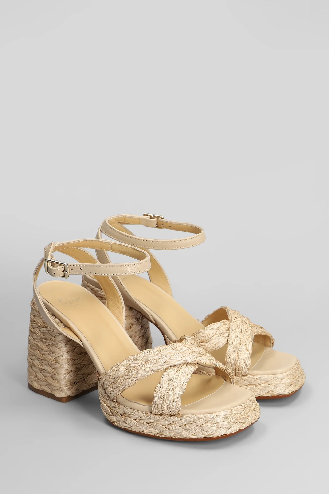 Valeriette-258 Sandals in beige leather and fabric - Image 2