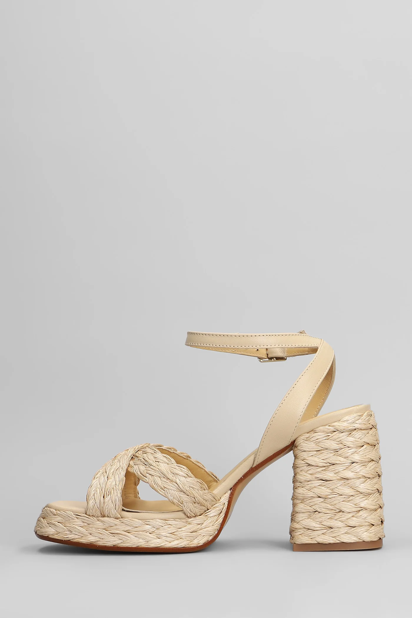 Valeriette-258 Sandals in beige leather and fabric - Image 3