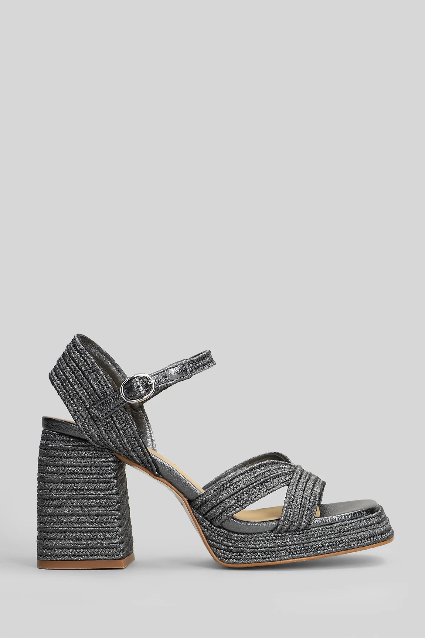 Valle-142 Sandals in Gunmetal leather and fabric