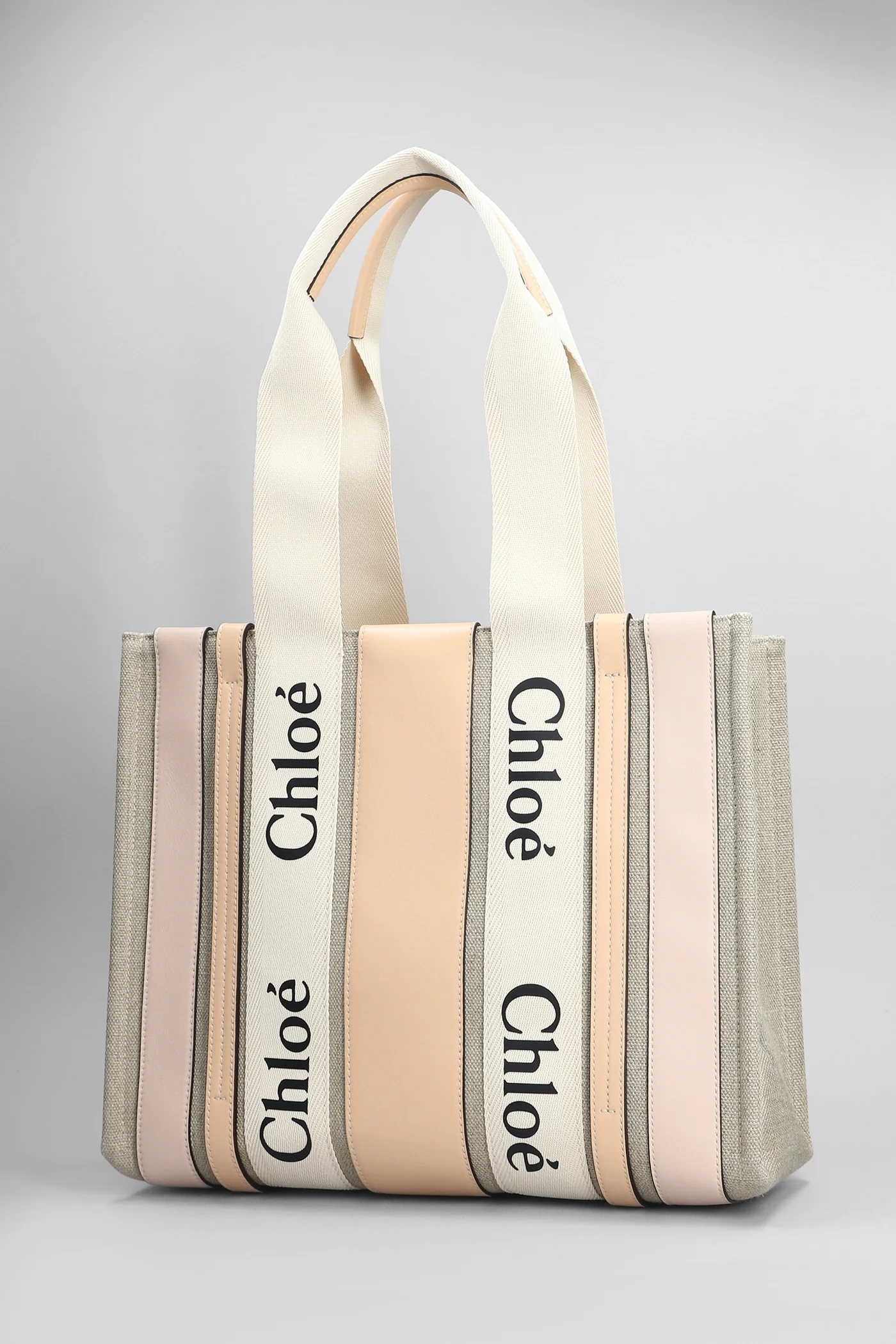 Woody Tote in beige leather and fabric - Image 2