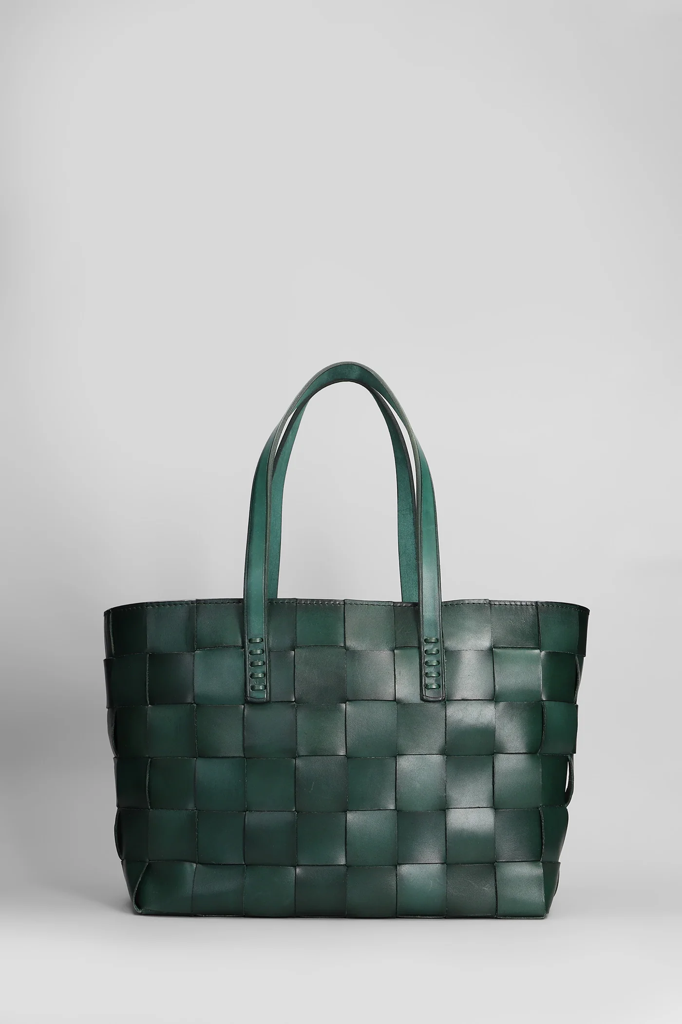 Box Weave Basket Tote in green leather