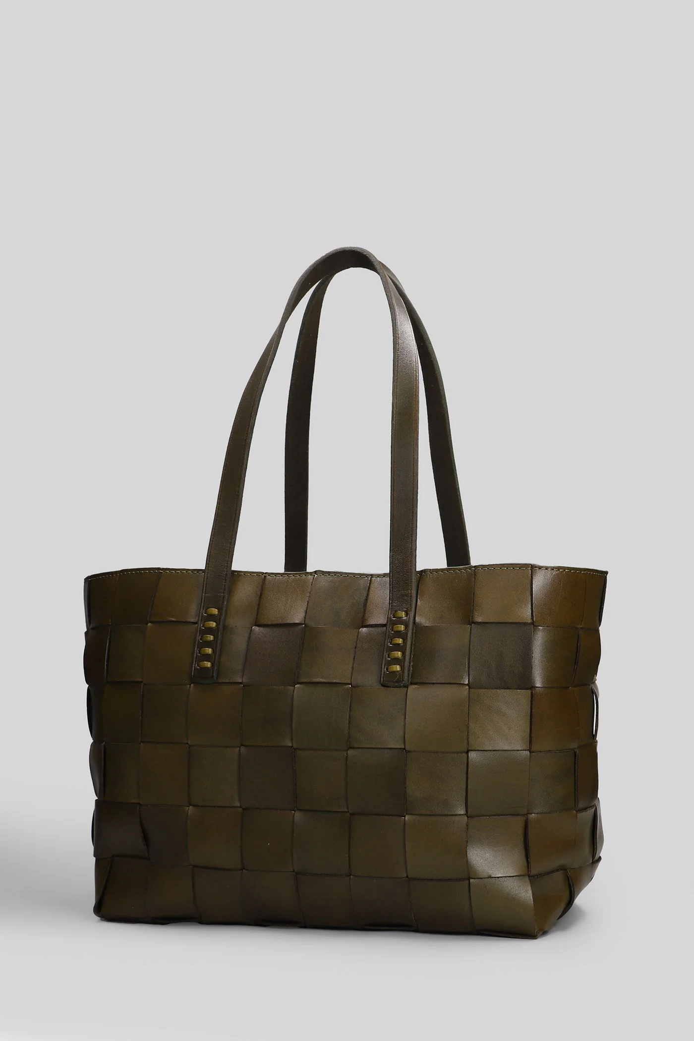 Box Weave Basket Tote in khaki leather - Image 10