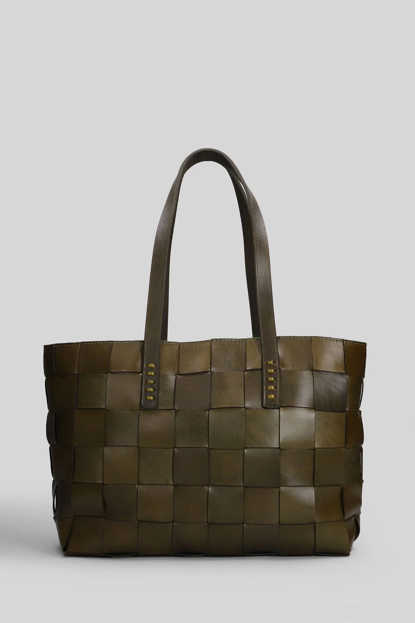 Box Weave Basket Tote in khaki leather - Image 15