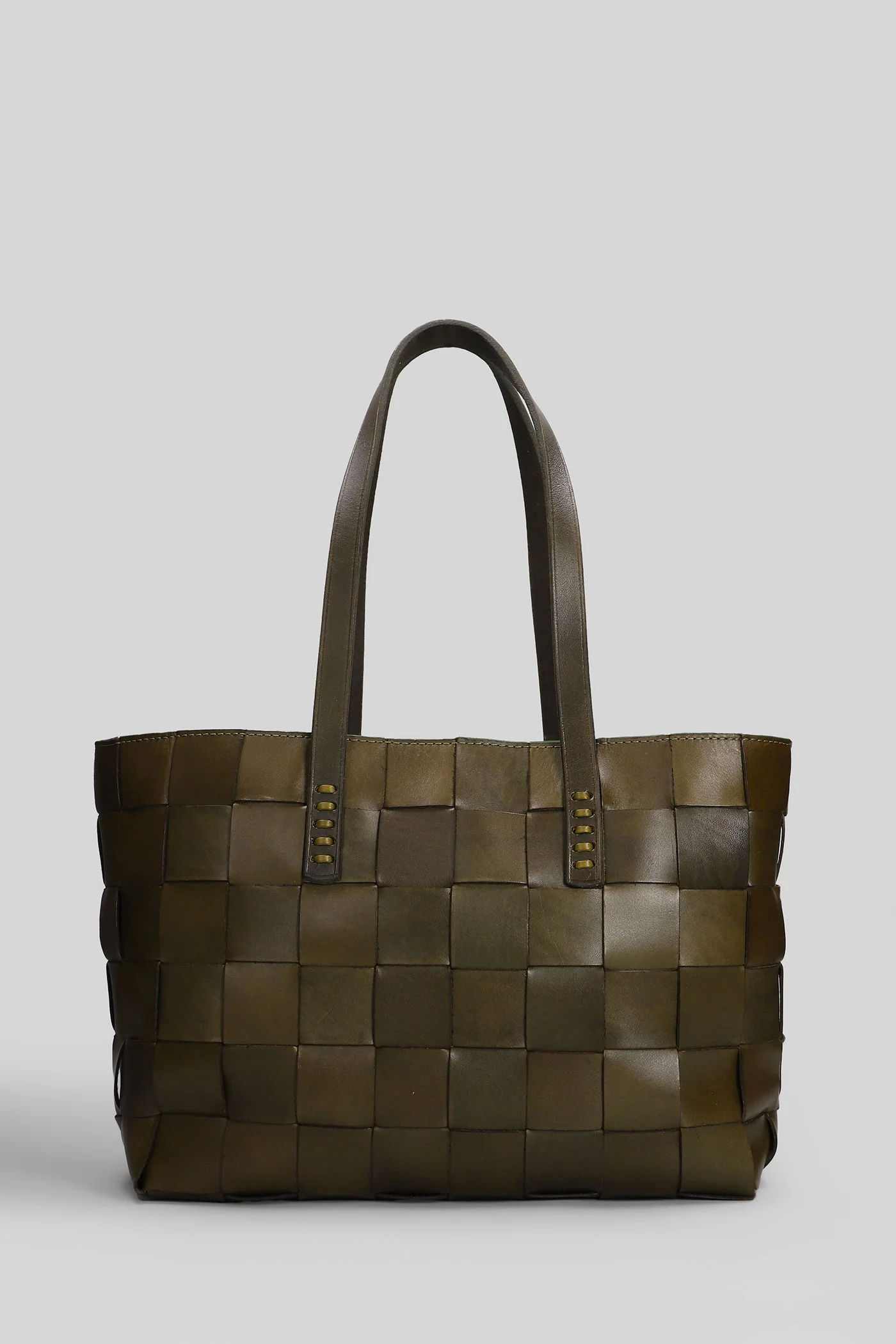 Box Weave Basket Tote in khaki leather - Image 9