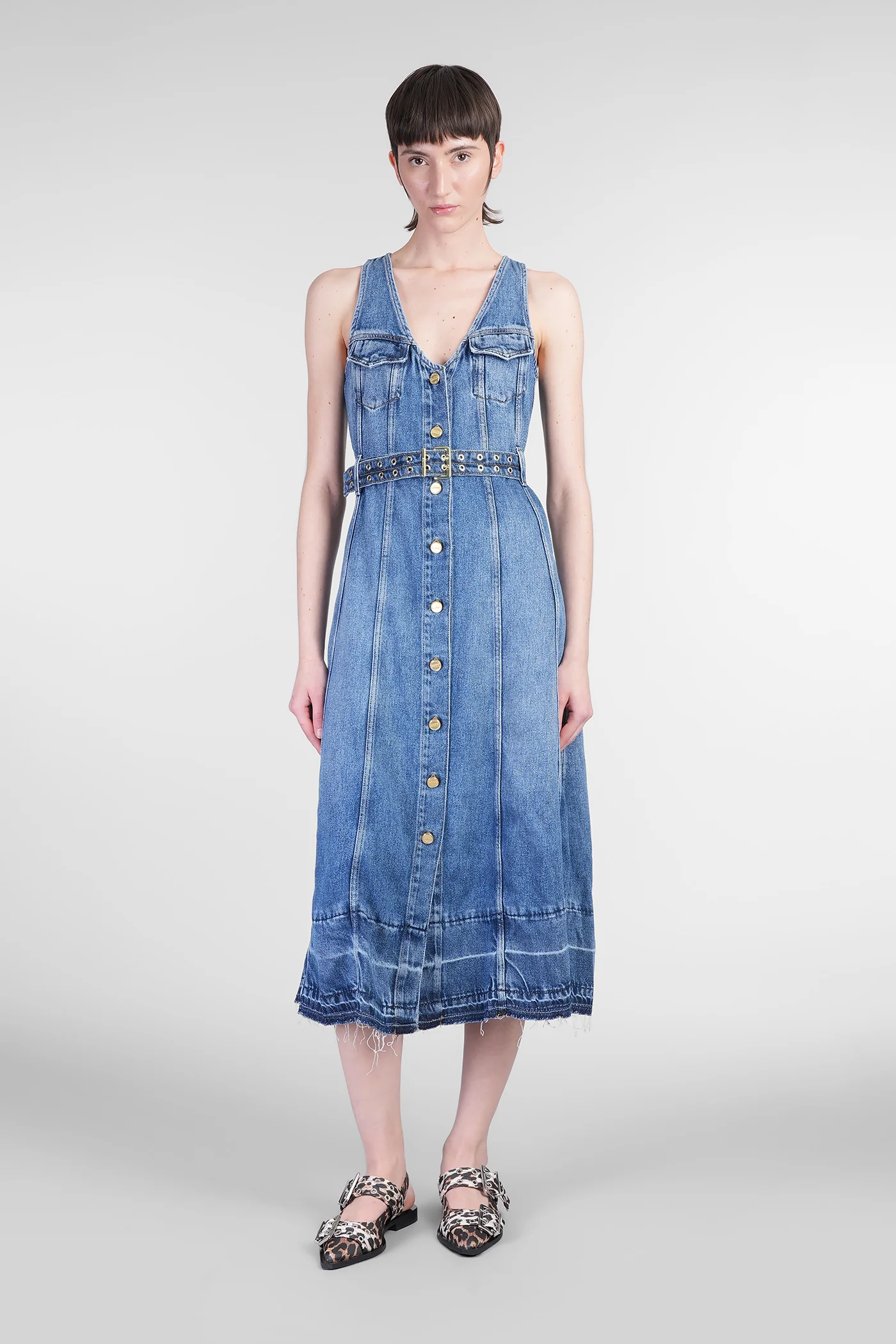 Long dress in blue wool and polyester