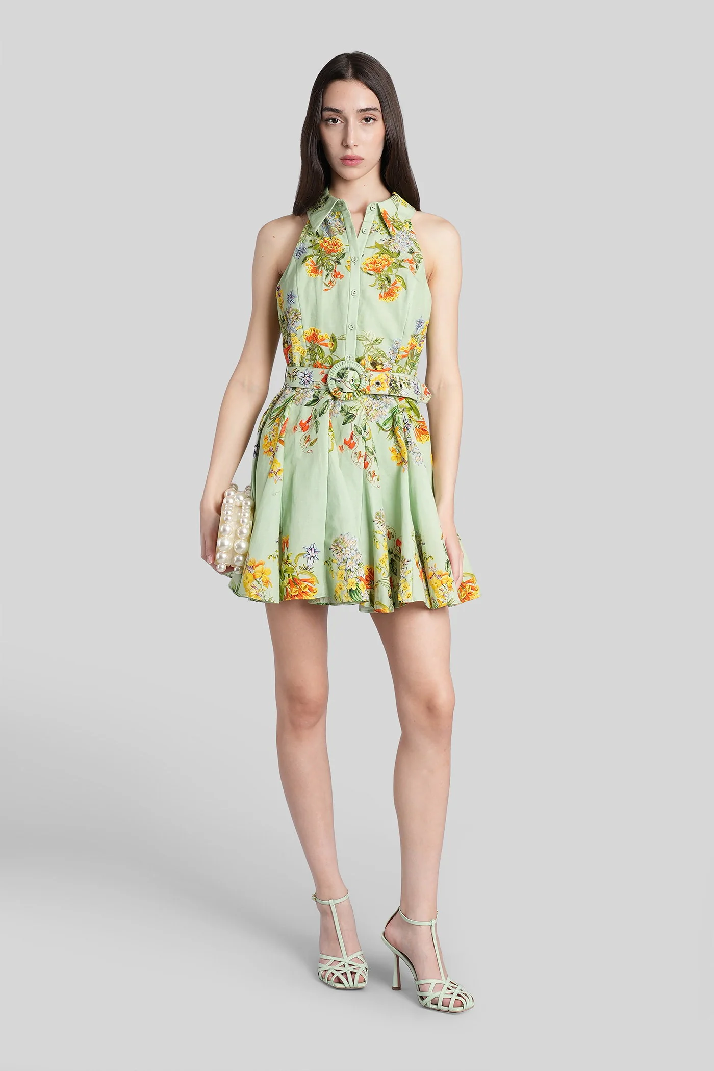 Mini dress in green cotton and linen - Image 2