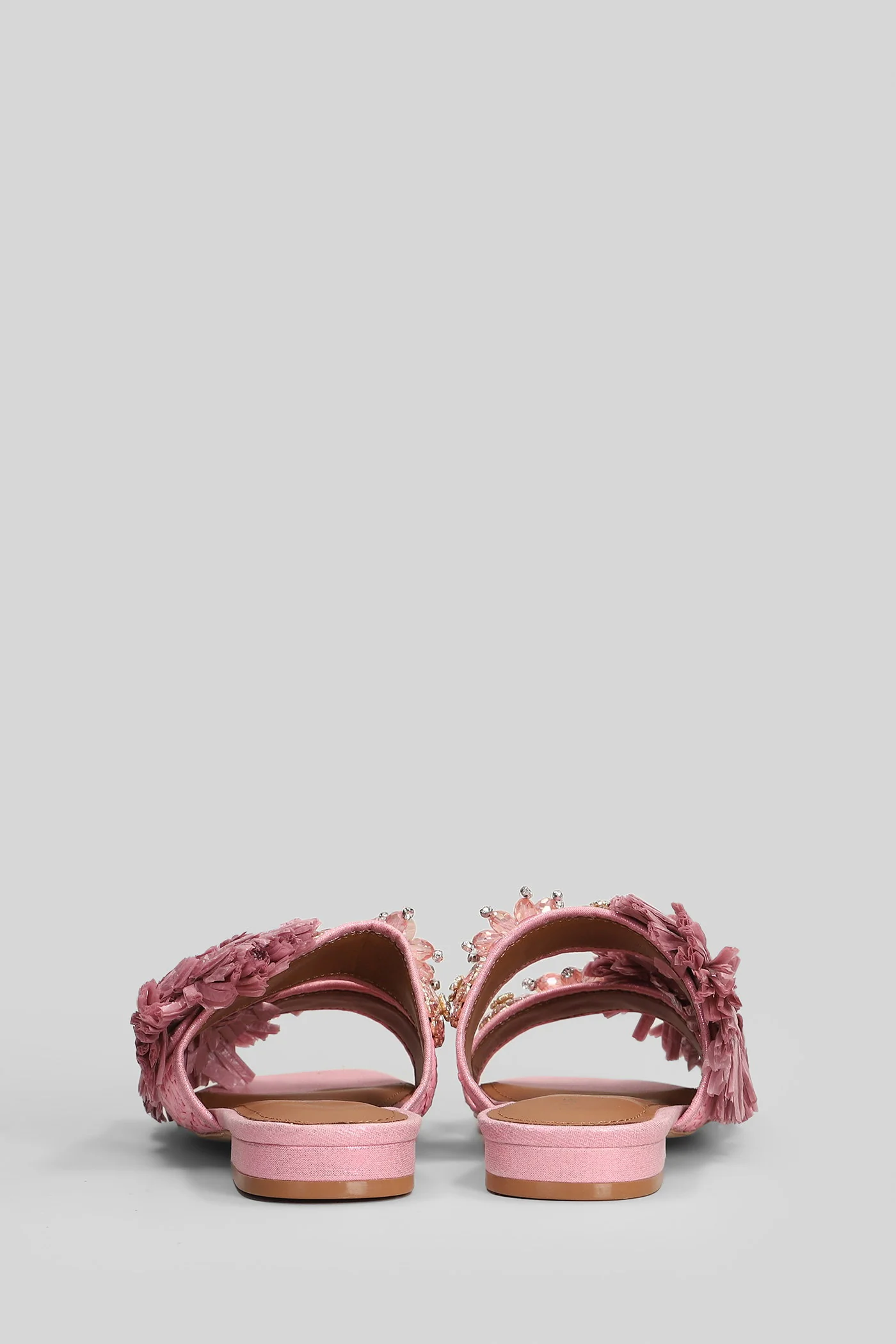 Raffia Buckle Flat sandal-slipper in rose-pink leather and fabric - Image 4