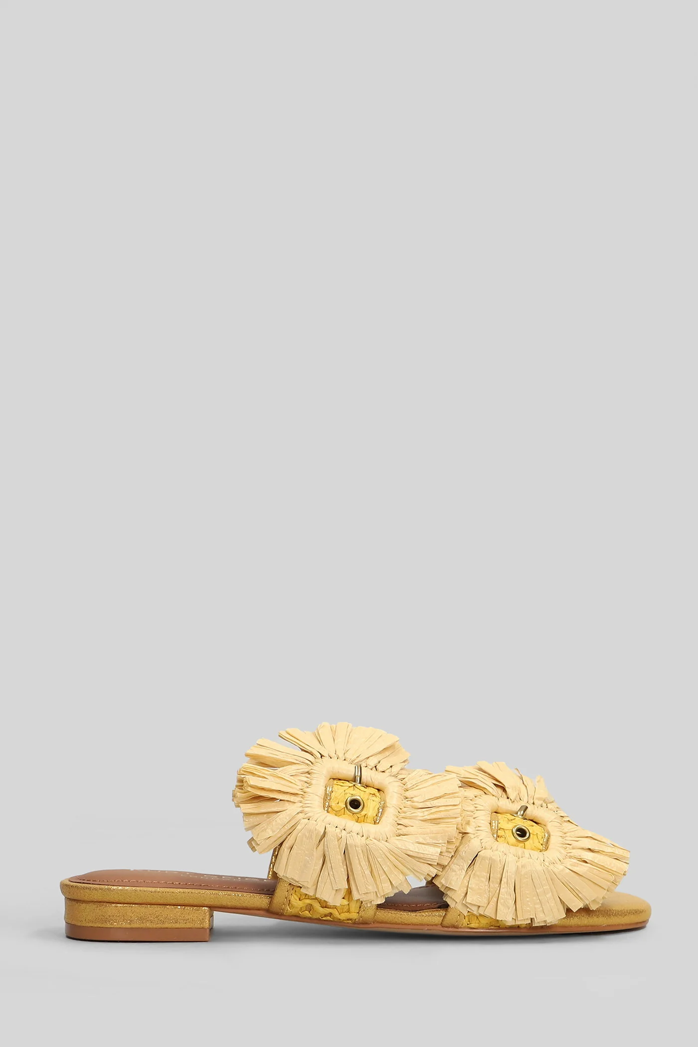 Raffia Buckle Flat sandal-slipper in yellow leather and fabric