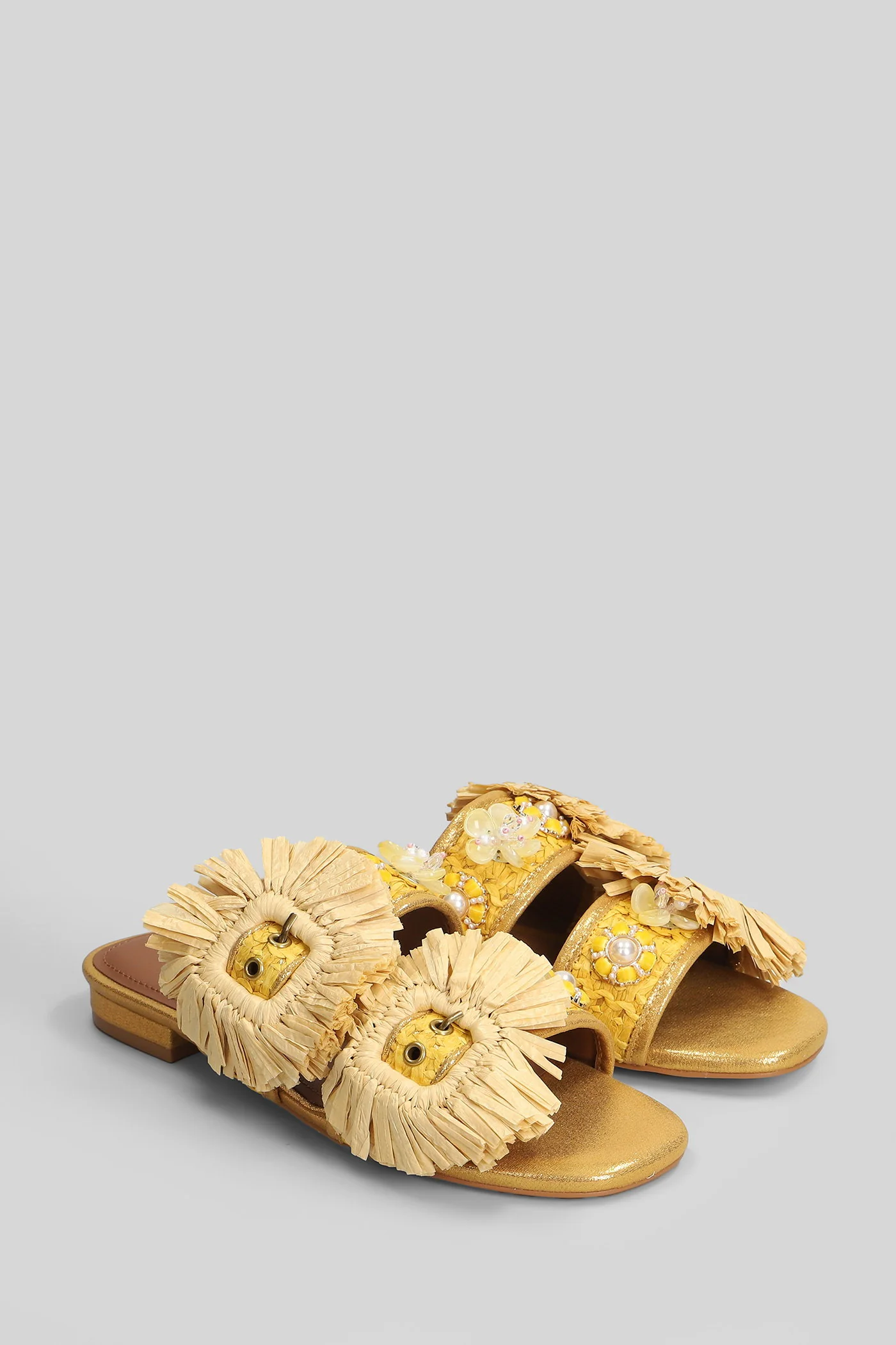 Raffia Buckle Flat sandal-slipper in yellow leather and fabric - Image 2