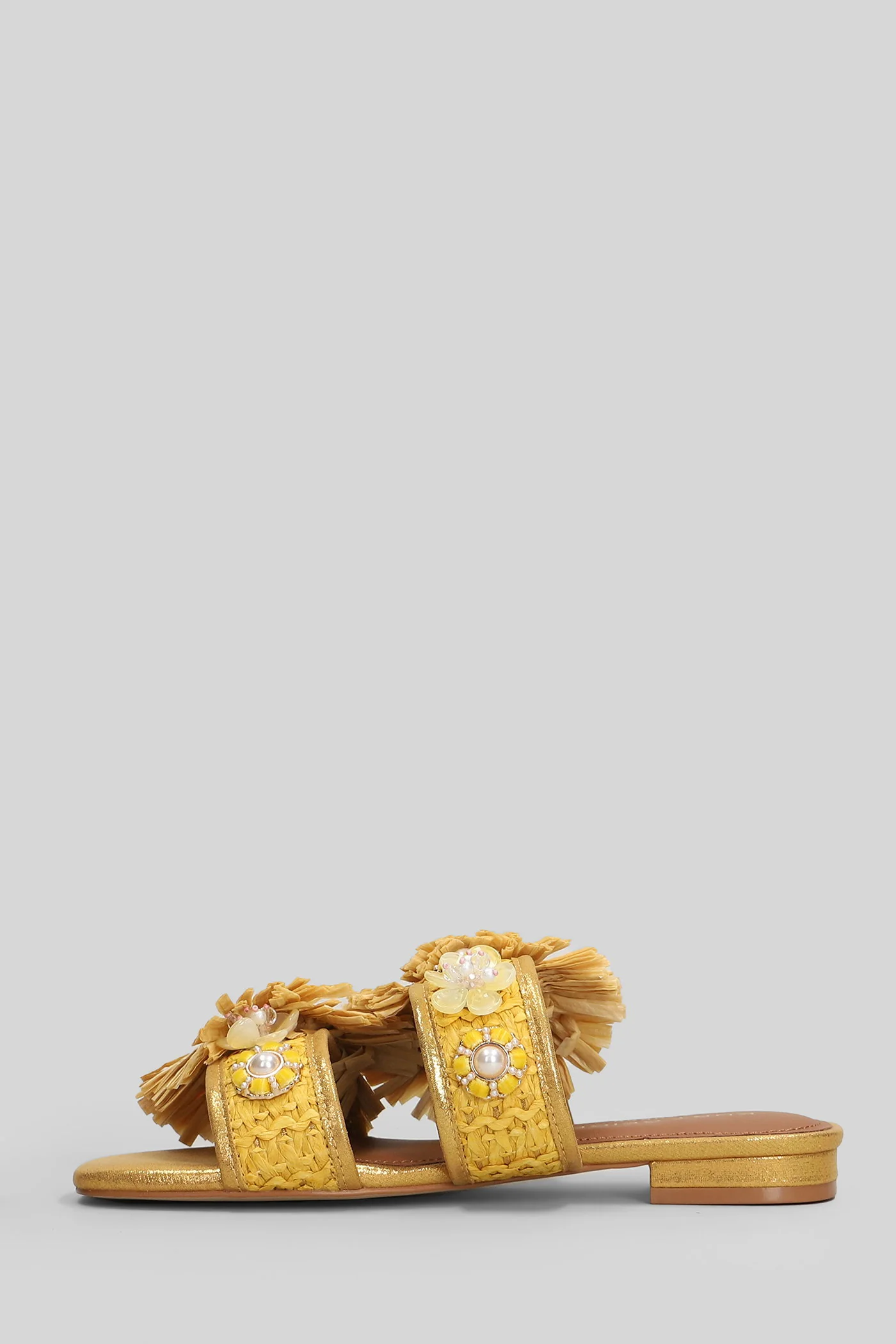 Raffia Buckle Flat sandal-slipper in yellow leather and fabric - Image 3
