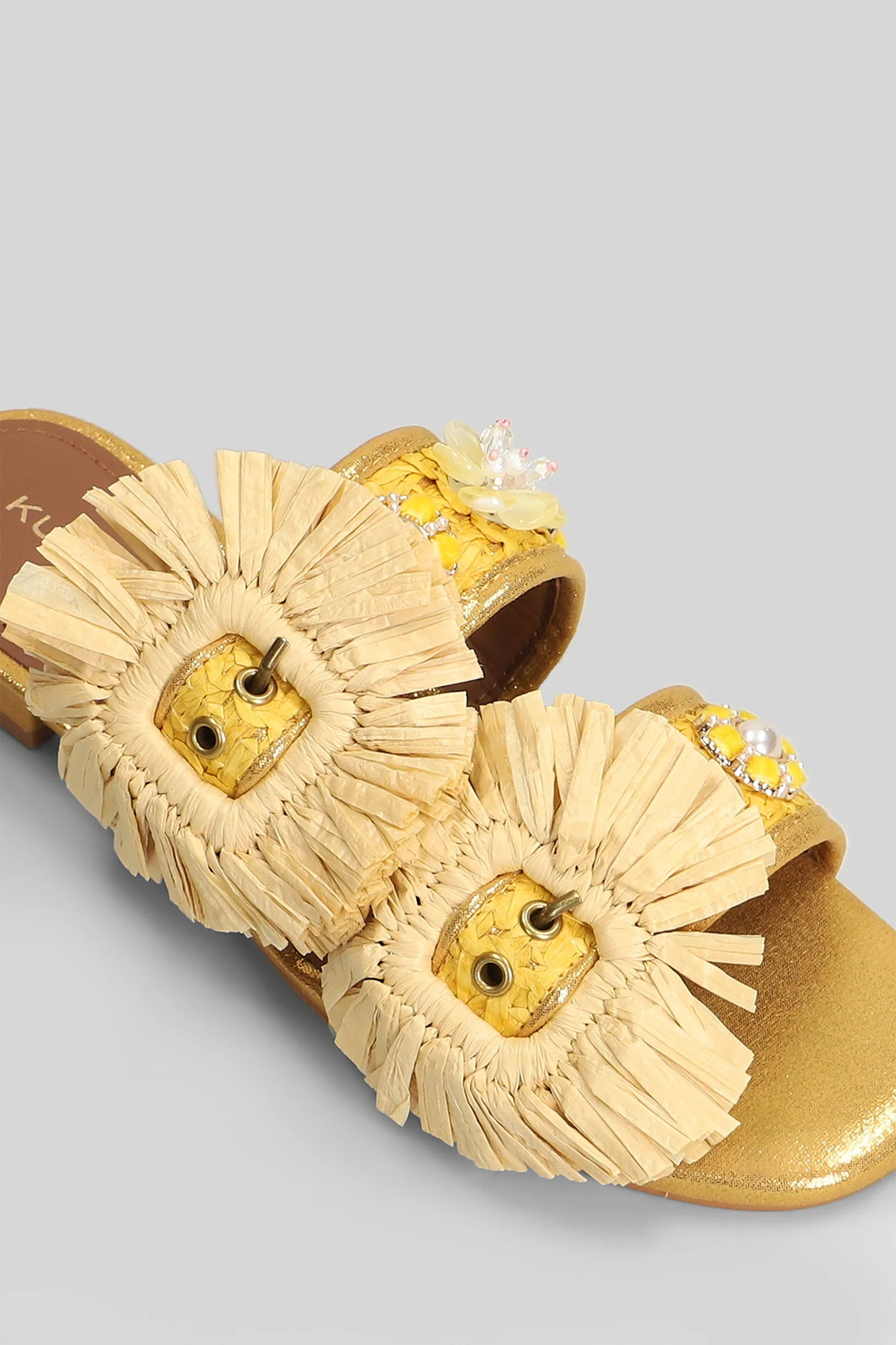 Raffia Buckle Flat sandal-slipper in yellow leather and fabric - Image 5