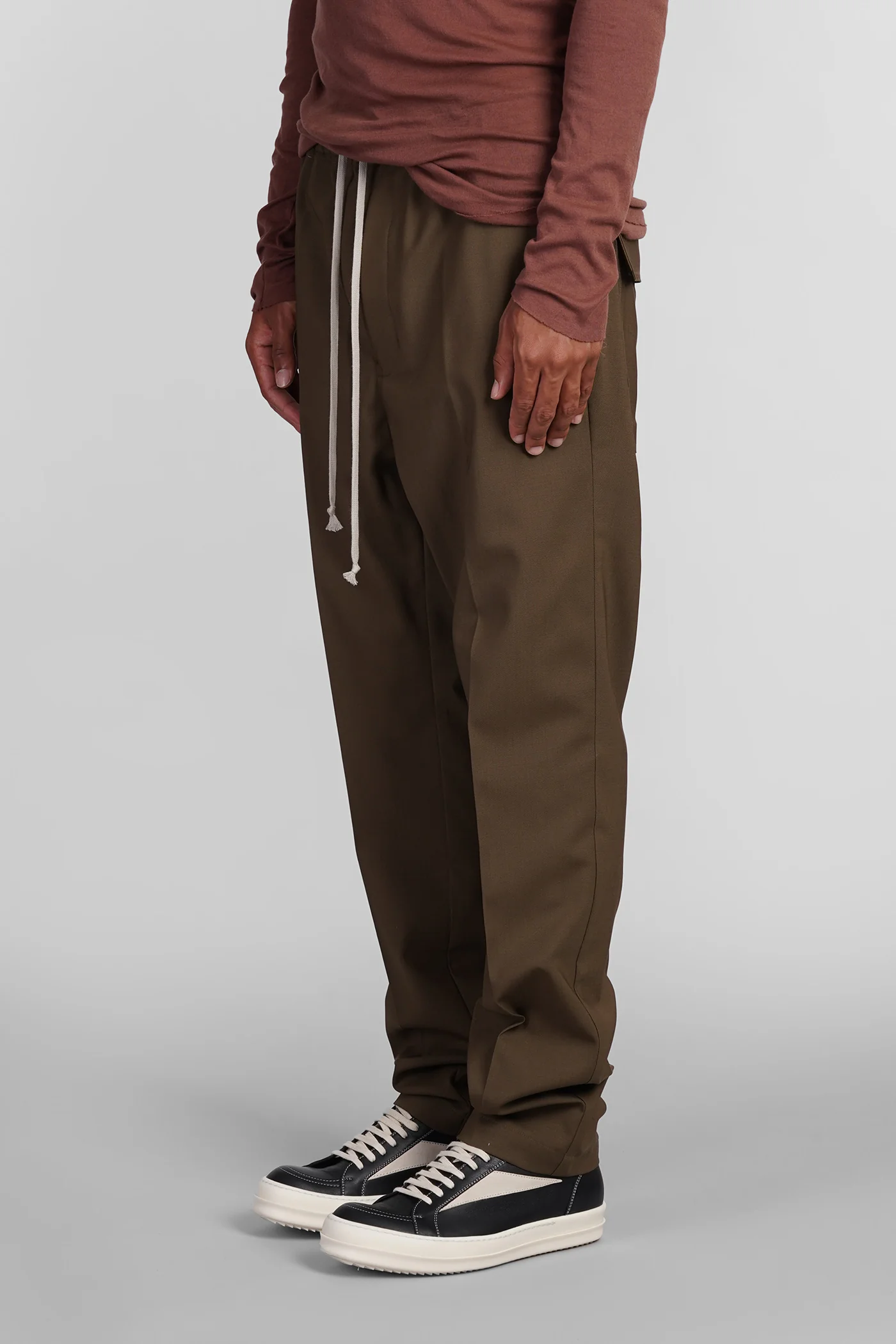 Drawstring slim long Pants in khaki wool - Image 4
