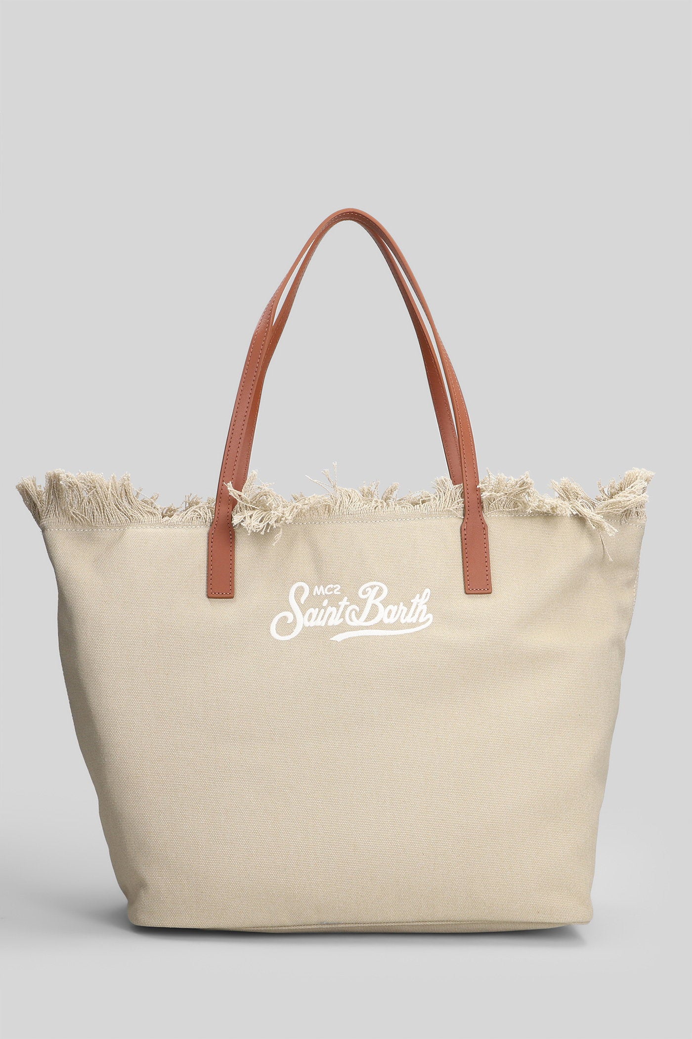 City Bag Fringe Tote in beige canvas