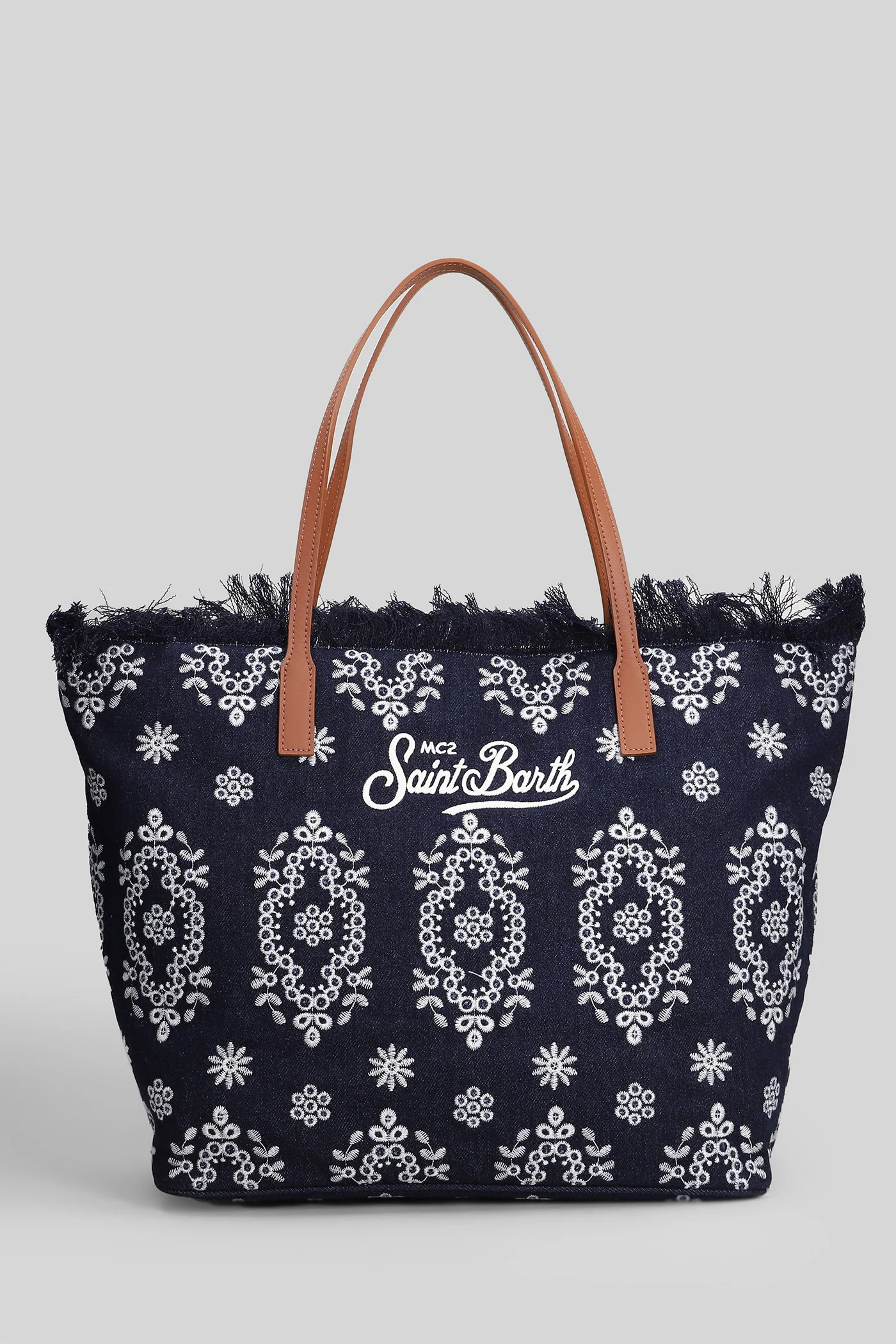 City Bag Fringe Tote in blue canvas