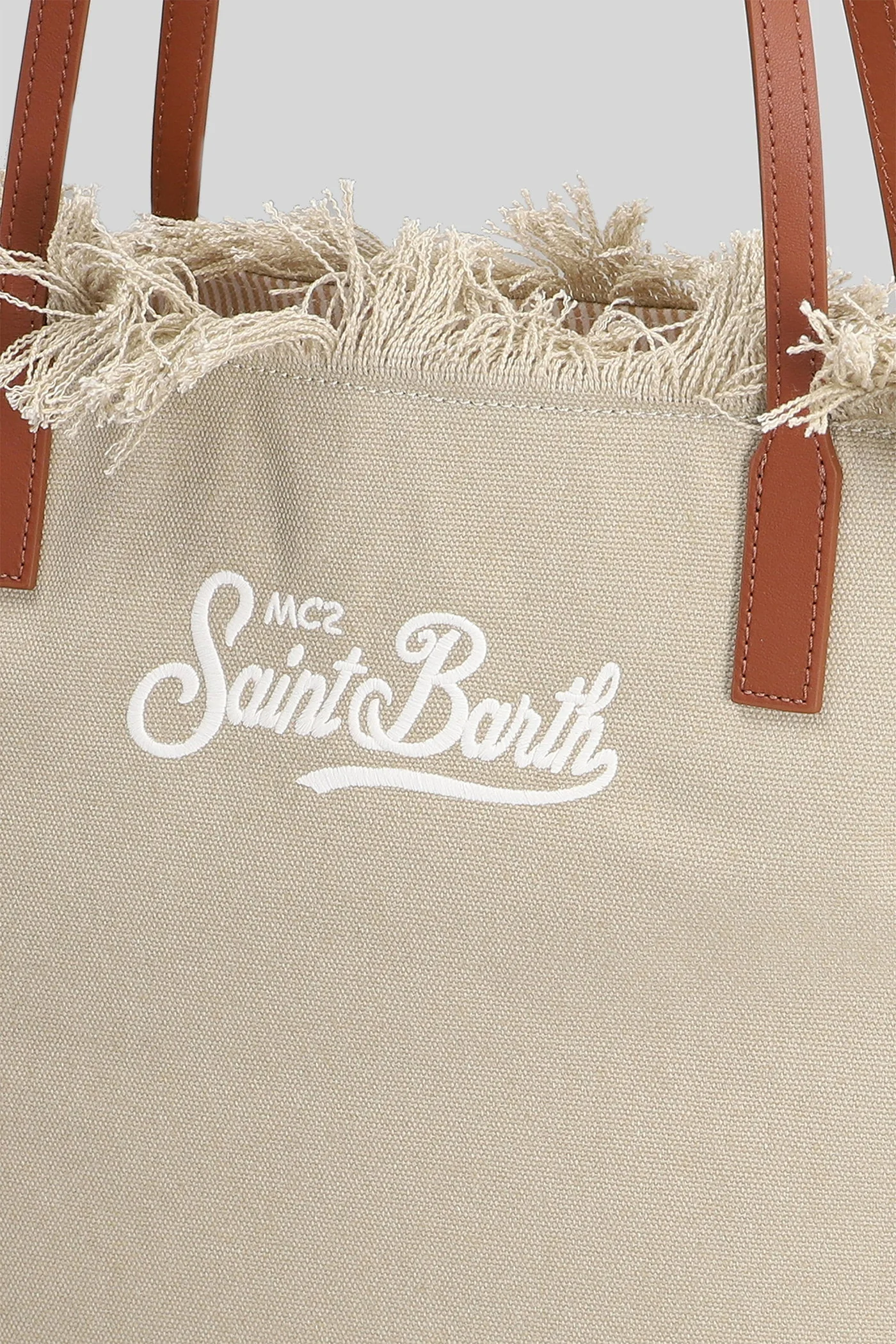 City Bag Mid Fringe Tote in beige canvas - Image 4