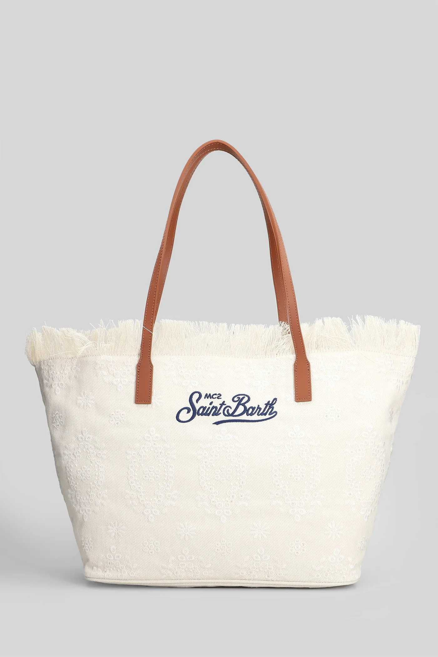 City Bag Mid Fringe Tote in beige canvas