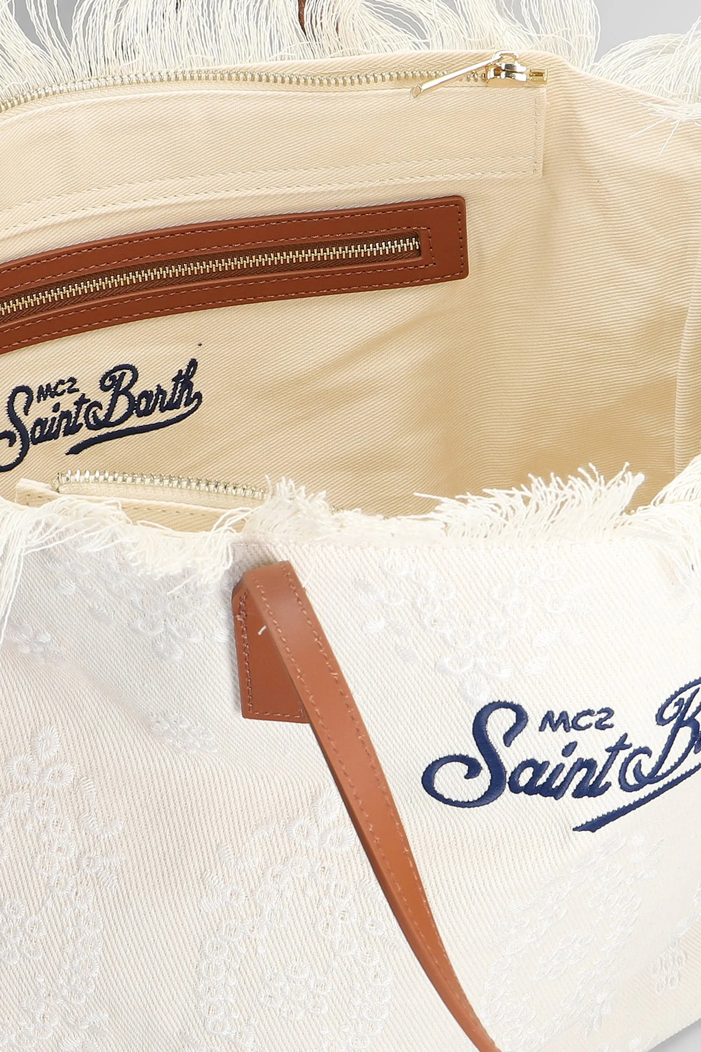 City Bag Mid Fringe Tote in beige canvas - Image 4