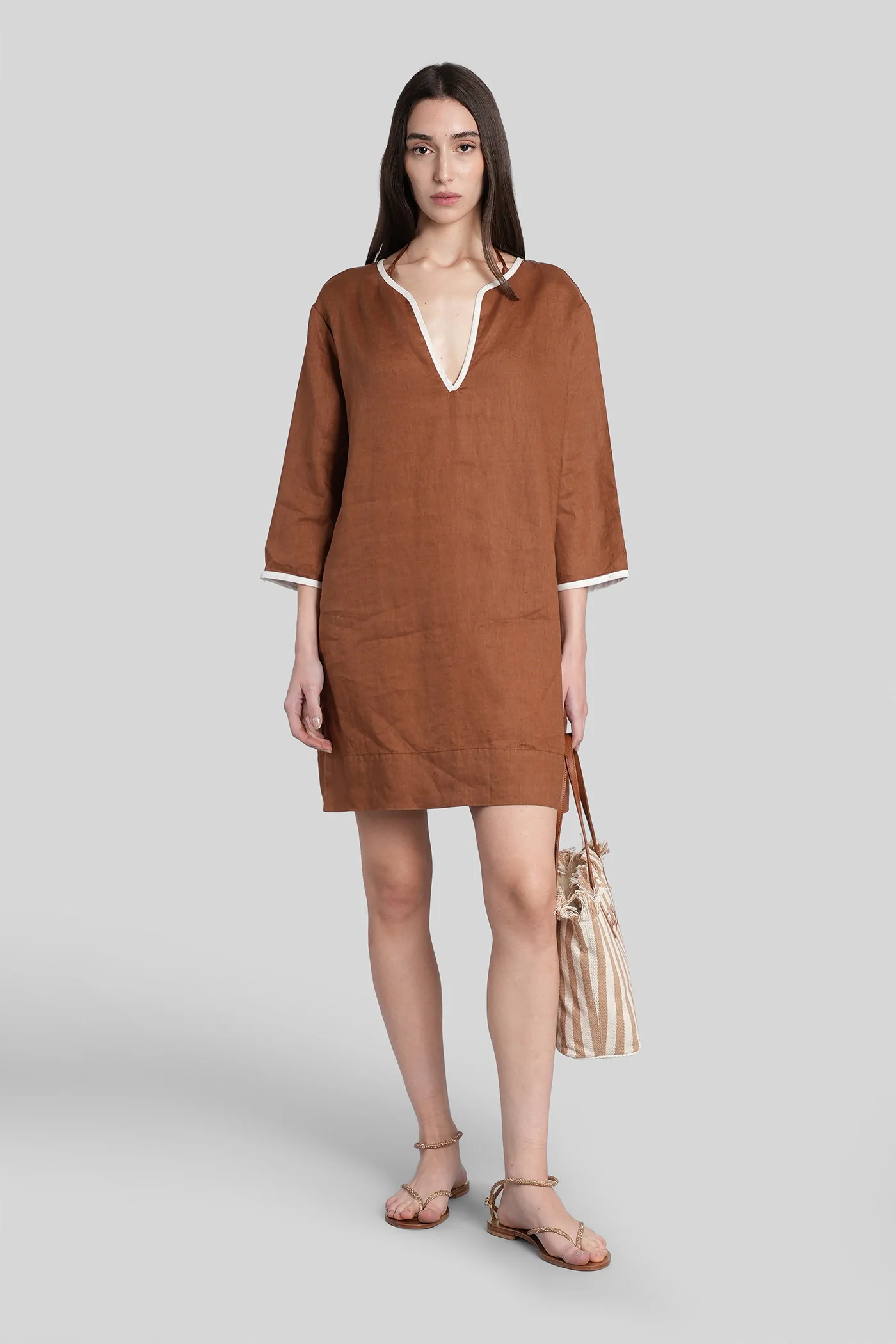 Macha String Long dress in brown cotton and linen