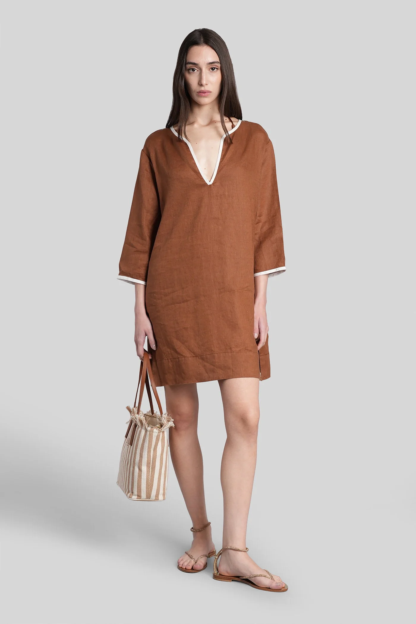 Macha String Long dress in brown cotton and linen - Image 2