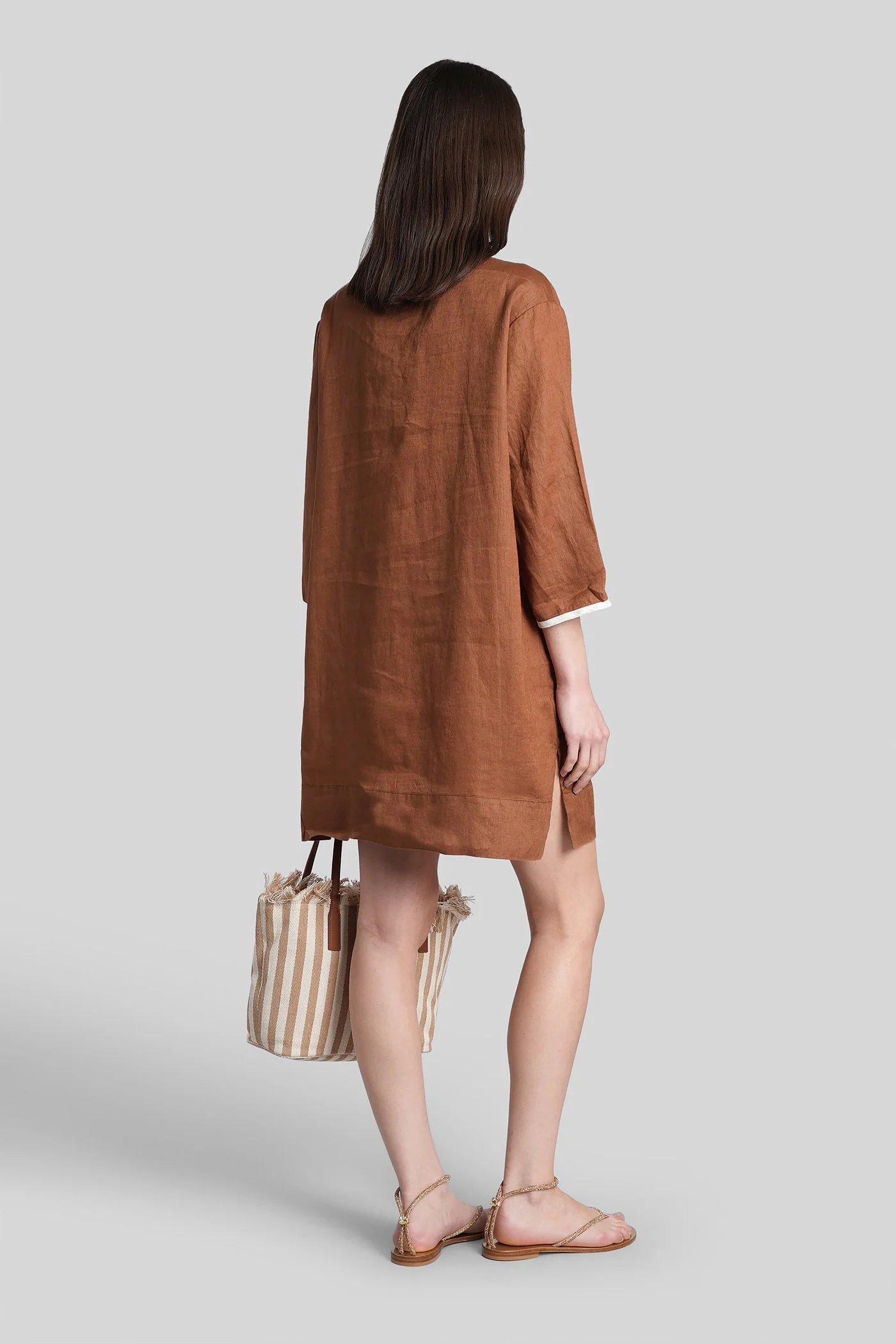 Macha String Long dress in brown cotton and linen - Image 3