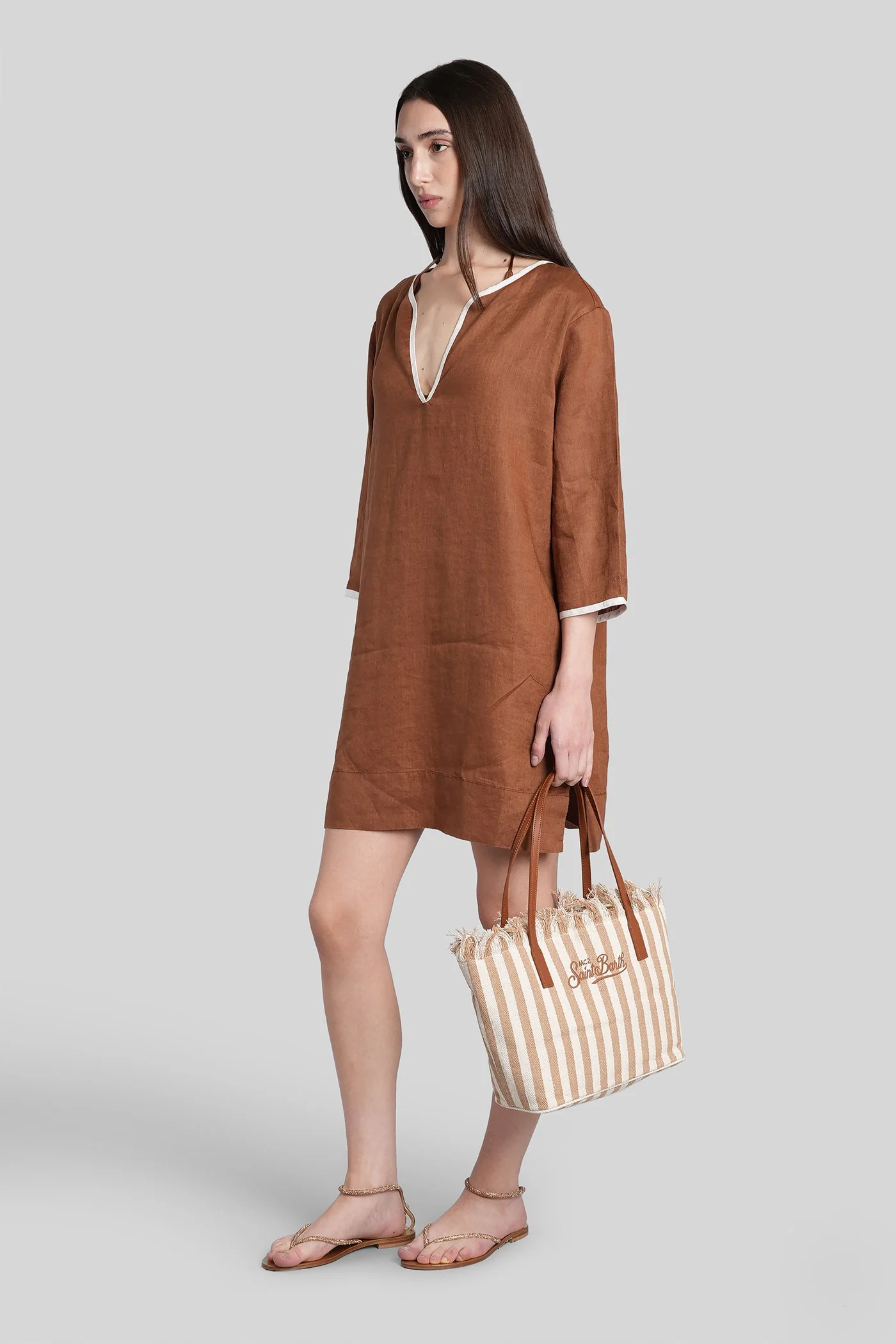 Macha String Long dress in brown cotton and linen - Image 4