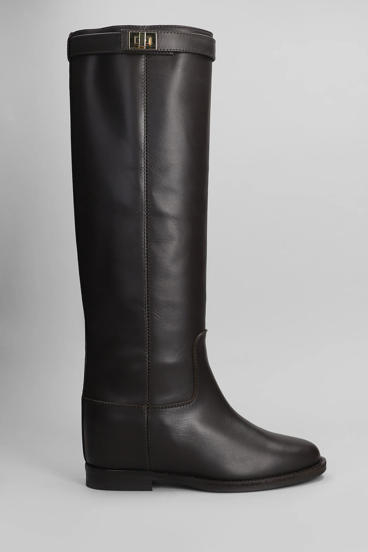 in dark brown leather