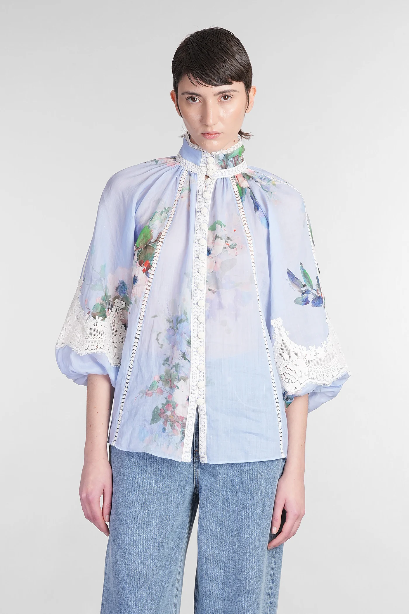 Blouse in cyan ramie